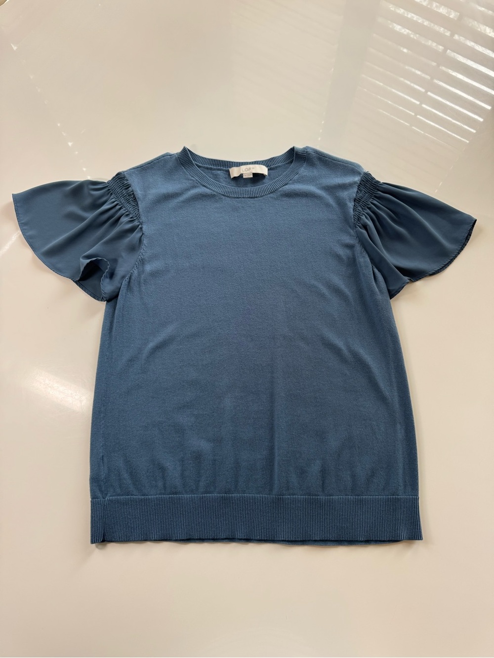 LOFT Dusty Blue Short Sleeve Flutter Knit Top
